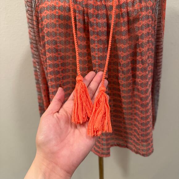 Lucky Brand Boho Tassel Tie Peasant Blouse Coral Orange Geometric Print Small - Picture 3 of 7